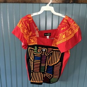 Vtg Crossroads Med Women's Shirt Pull Over Indian/inca Design Red And Black